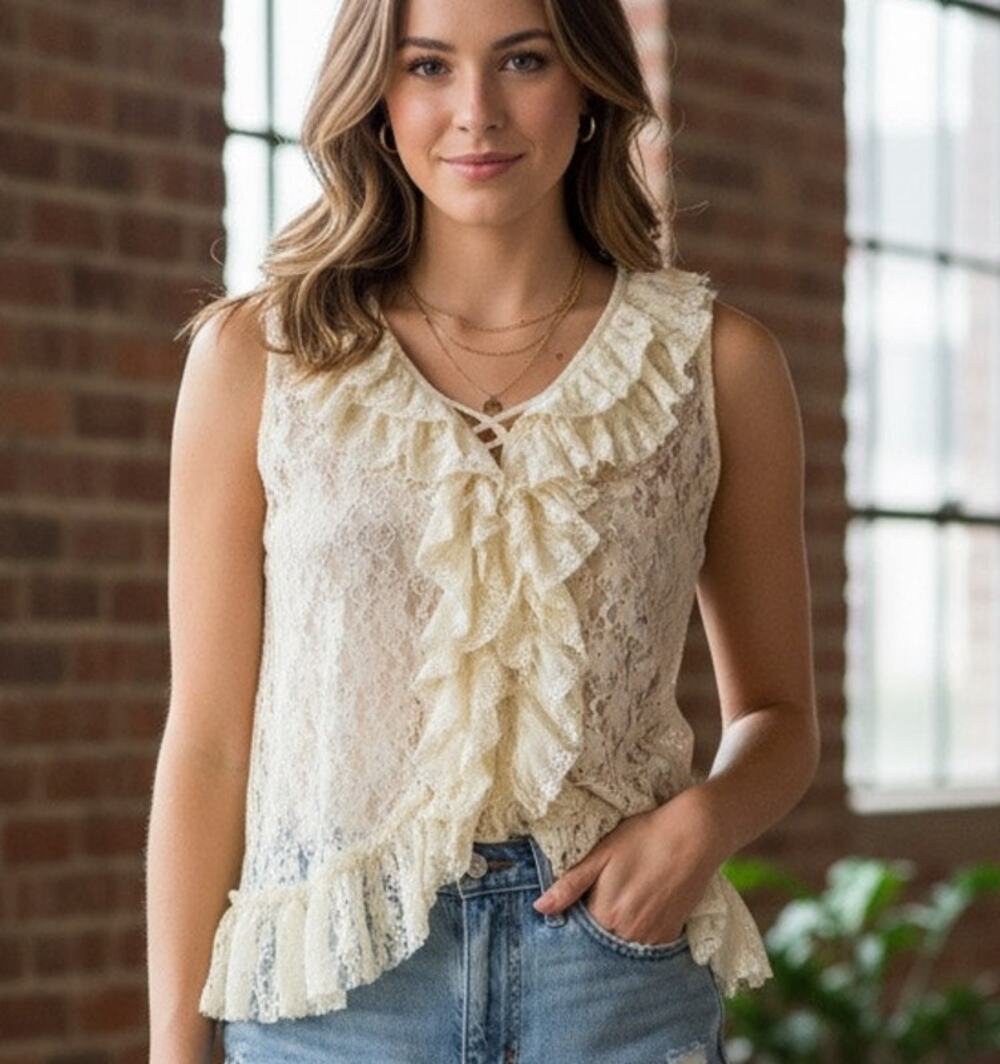 Forever 21 Cream Colored Lace Ruffle Front Sheer Blouse